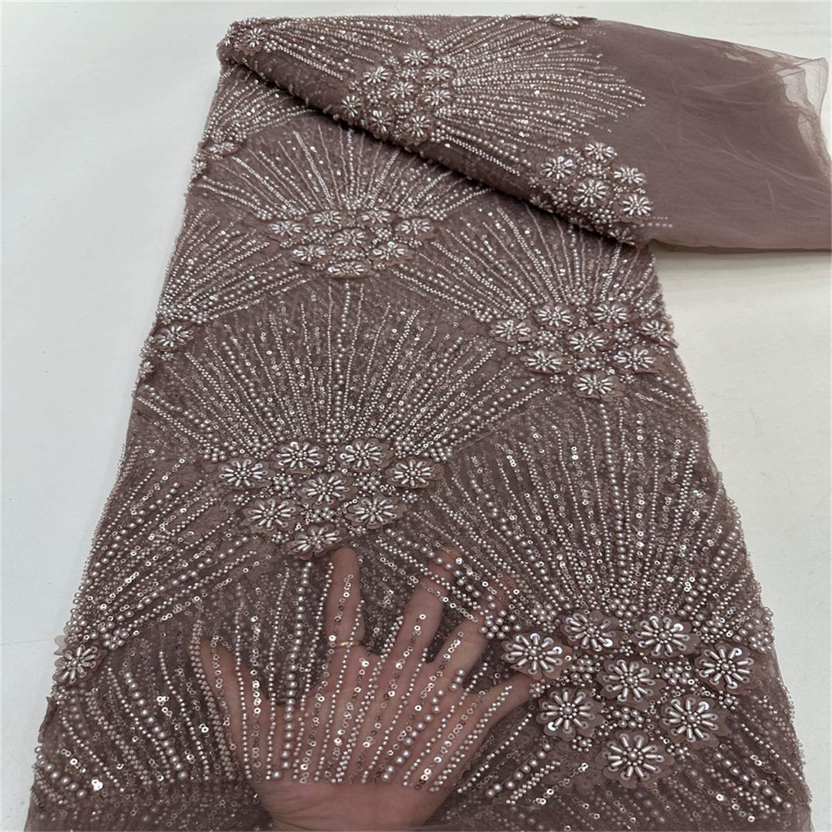 5 Yards Beaded 3D Floral Fabric, Beaded Tulle Lace Fabric, Embellished with Beads, Sequins, Pearls, 3D Flowers, Petals, Ref. ML015
