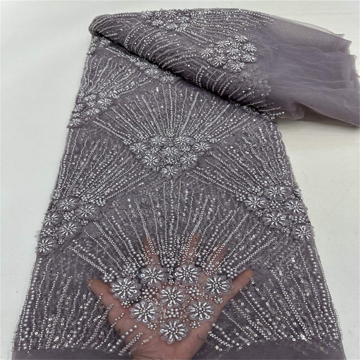 5 Yards Beaded 3D Floral Fabric, Beaded Tulle Lace Fabric, Embellished with Beads, Sequins, Pearls, 3D Flowers, Petals, Ref. ML015