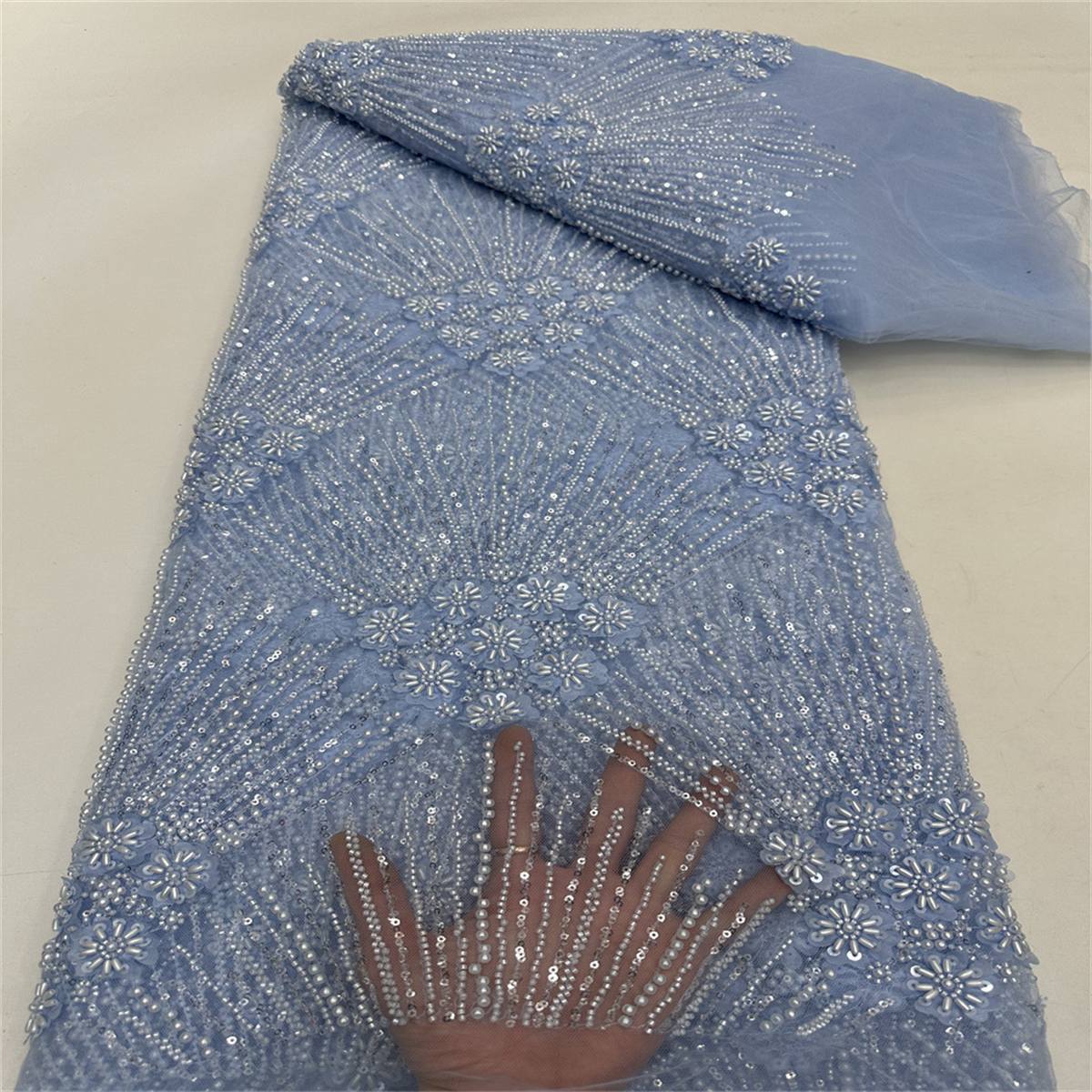 5 Yards Beaded 3D Floral Fabric, Beaded Tulle Lace Fabric, Embellished with Beads, Sequins, Pearls, 3D Flowers, Petals, Ref. ML015