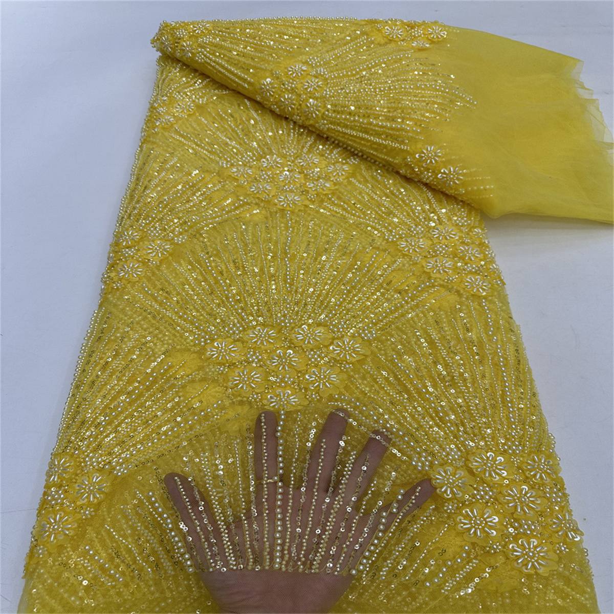 5 Yards Beaded 3D Floral Fabric, Beaded Tulle Lace Fabric, Embellished with Beads, Sequins, Pearls, 3D Flowers, Petals, Ref. ML015