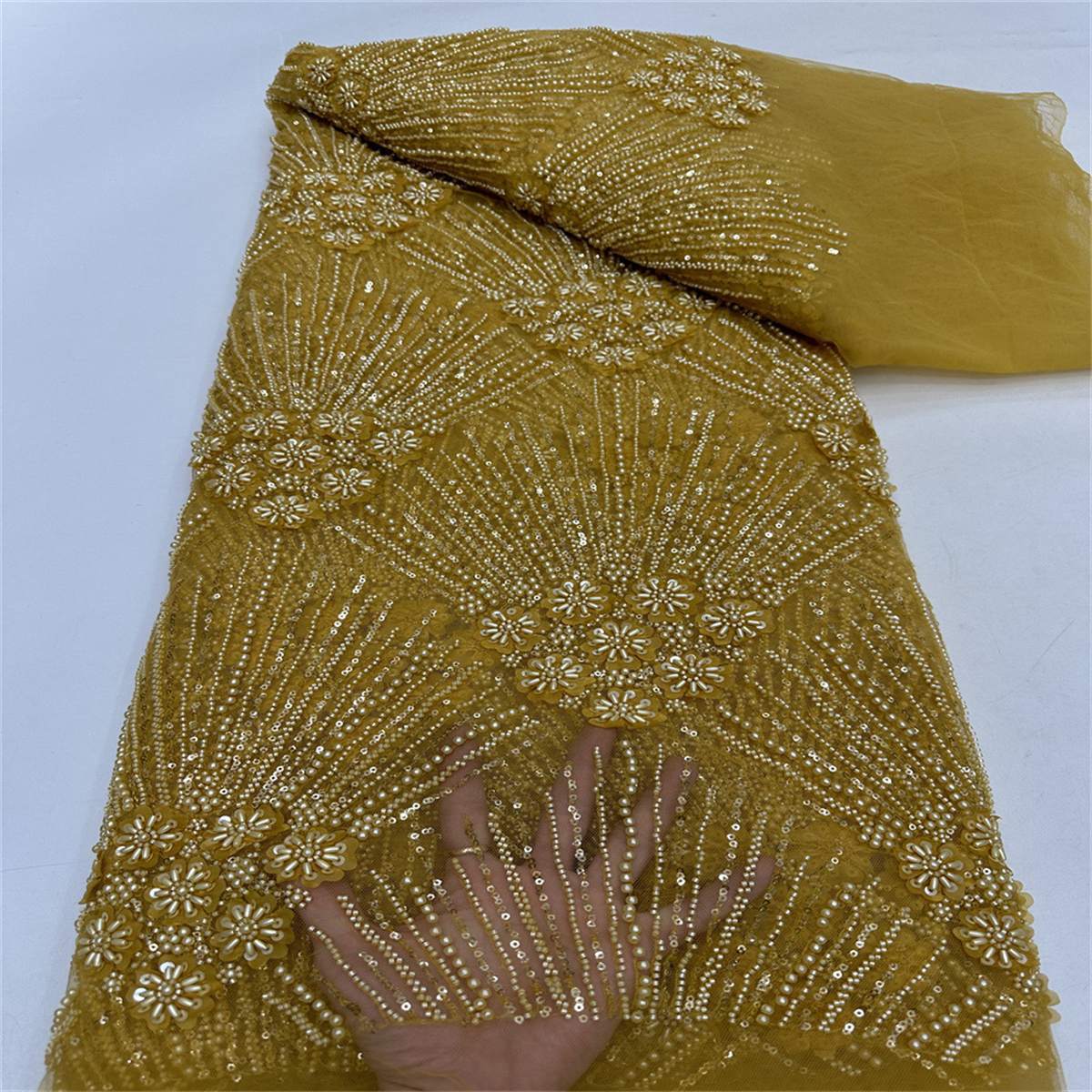 5 Yards Beaded 3D Floral Fabric, Beaded Tulle Lace Fabric, Embellished with Beads, Sequins, Pearls, 3D Flowers, Petals, NO. ML015