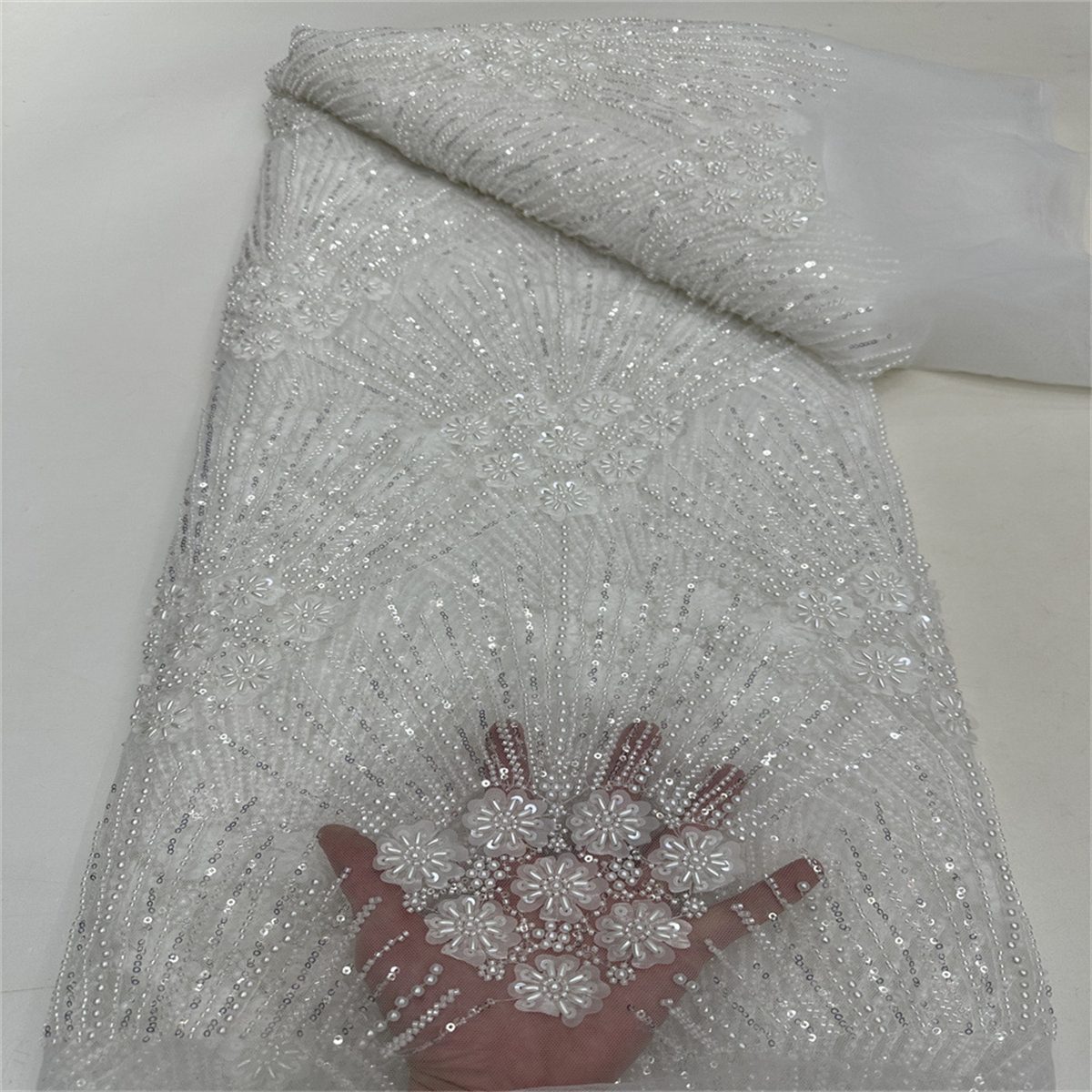 5 Yards Beaded 3D Floral Fabric, Beaded Tulle Lace Fabric, Embellished with Beads, Sequins, Pearls, 3D Flowers, Petals, Ref. ML015
