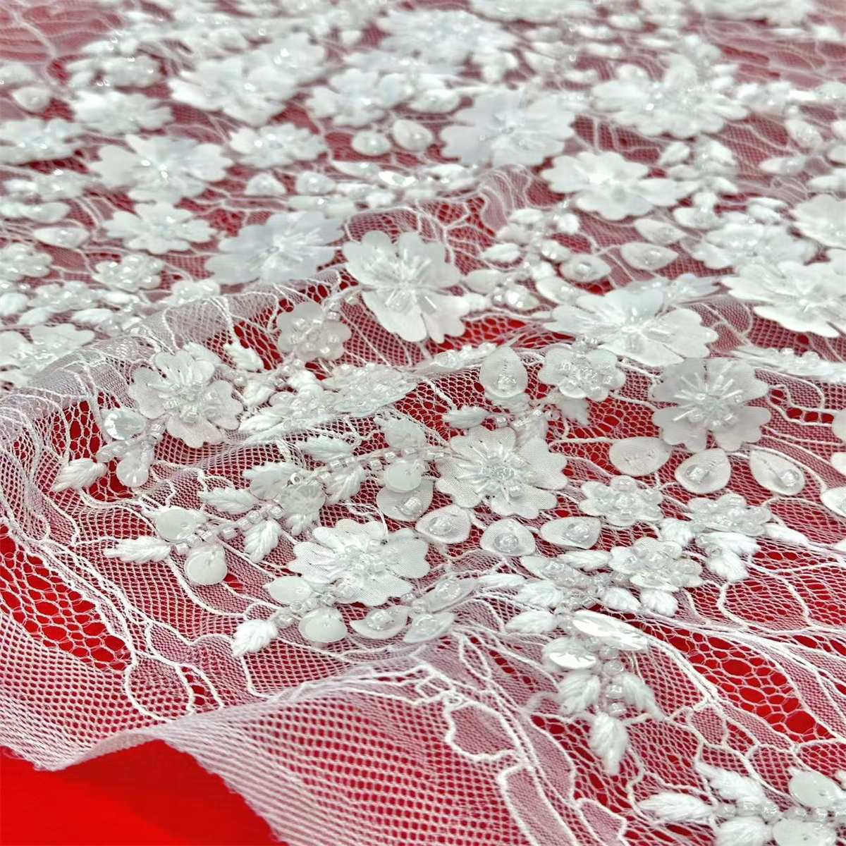 5 Yards Bridal Lace Fabric, 3D Floral Embroidered Beaded Wedding Lace Fabric, Embellished with Beads, Sequins, 3D Flowers, Petals