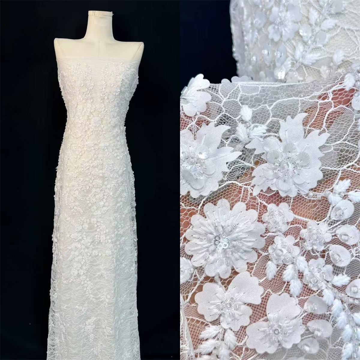 5 Yards Bridal Lace Fabric, 3D Floral Embroidered Beaded Wedding Lace Fabric, Embellished with Beads, Sequins, 3D Flowers, Petals