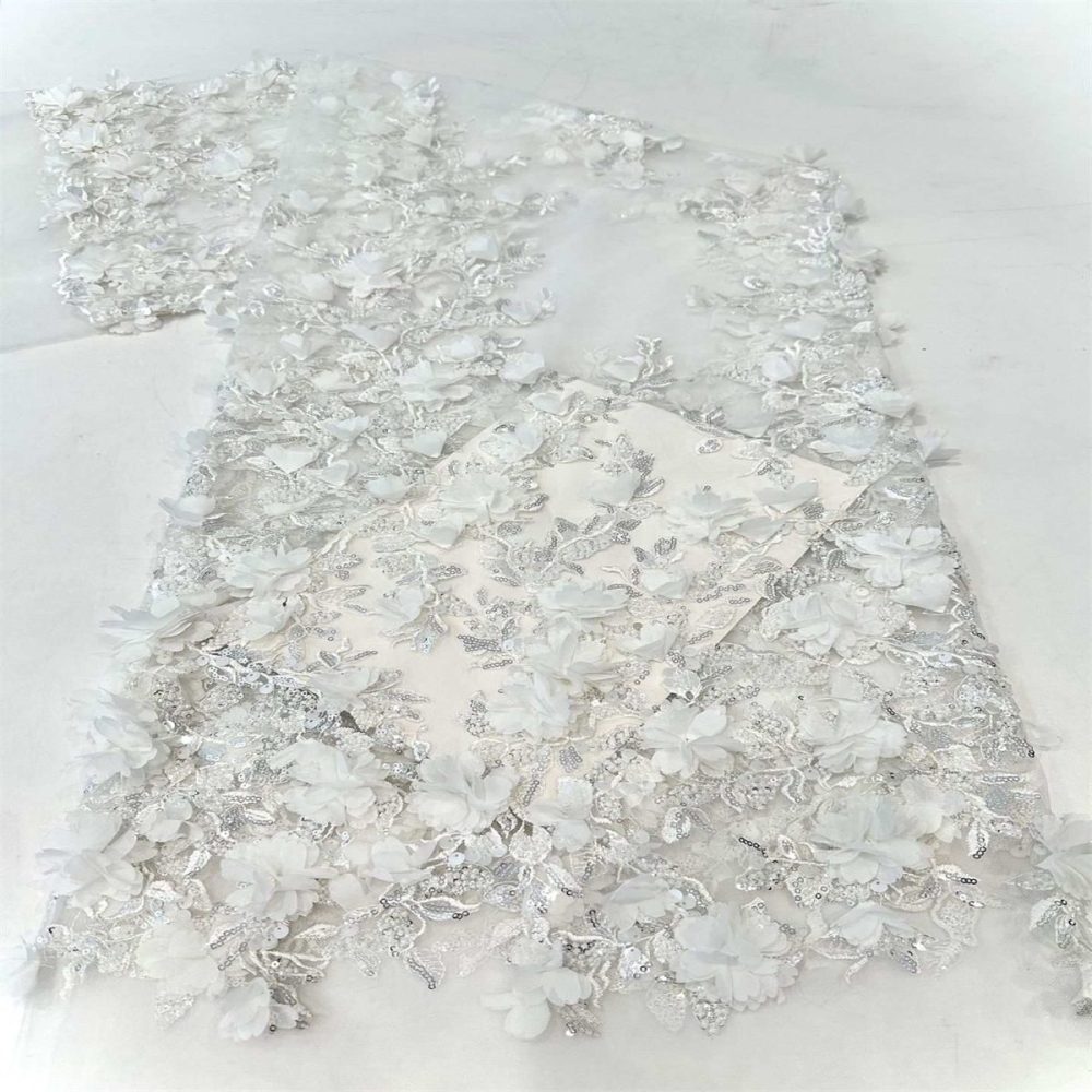 5 Yards Beaded 3D Floral Lace Fabric, Embroidered Beaded Tulle Lace Fabric, Embellished Fabric with Beads, Sequins, 3D Flowers, Petals, Ref. CX002