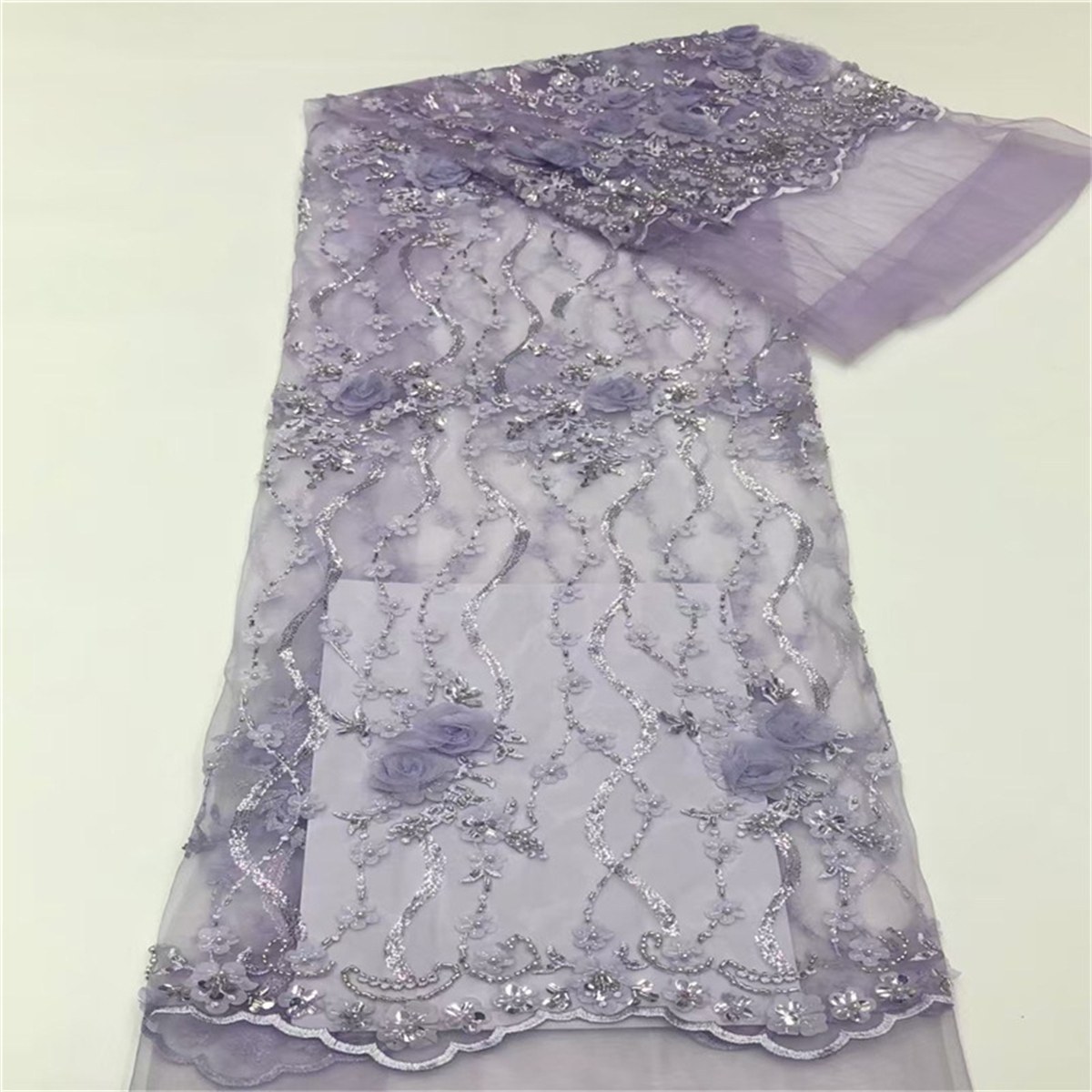 5 Yards 3D Floral Beaded Mesh Fabric, Beaded Tulle Lace Fabric, Embellished with Beads, Sequins, 3D Flowers, Petals