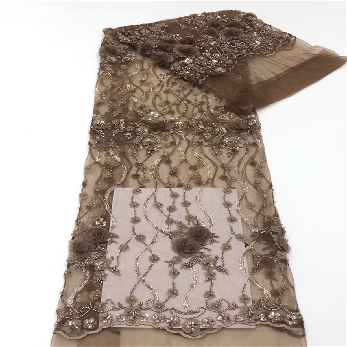 5 Yards 3D Floral Beaded Mesh Fabric, Beaded Tulle Lace Fabric, Embellished with Beads, Sequins, 3D Flowers, Petals