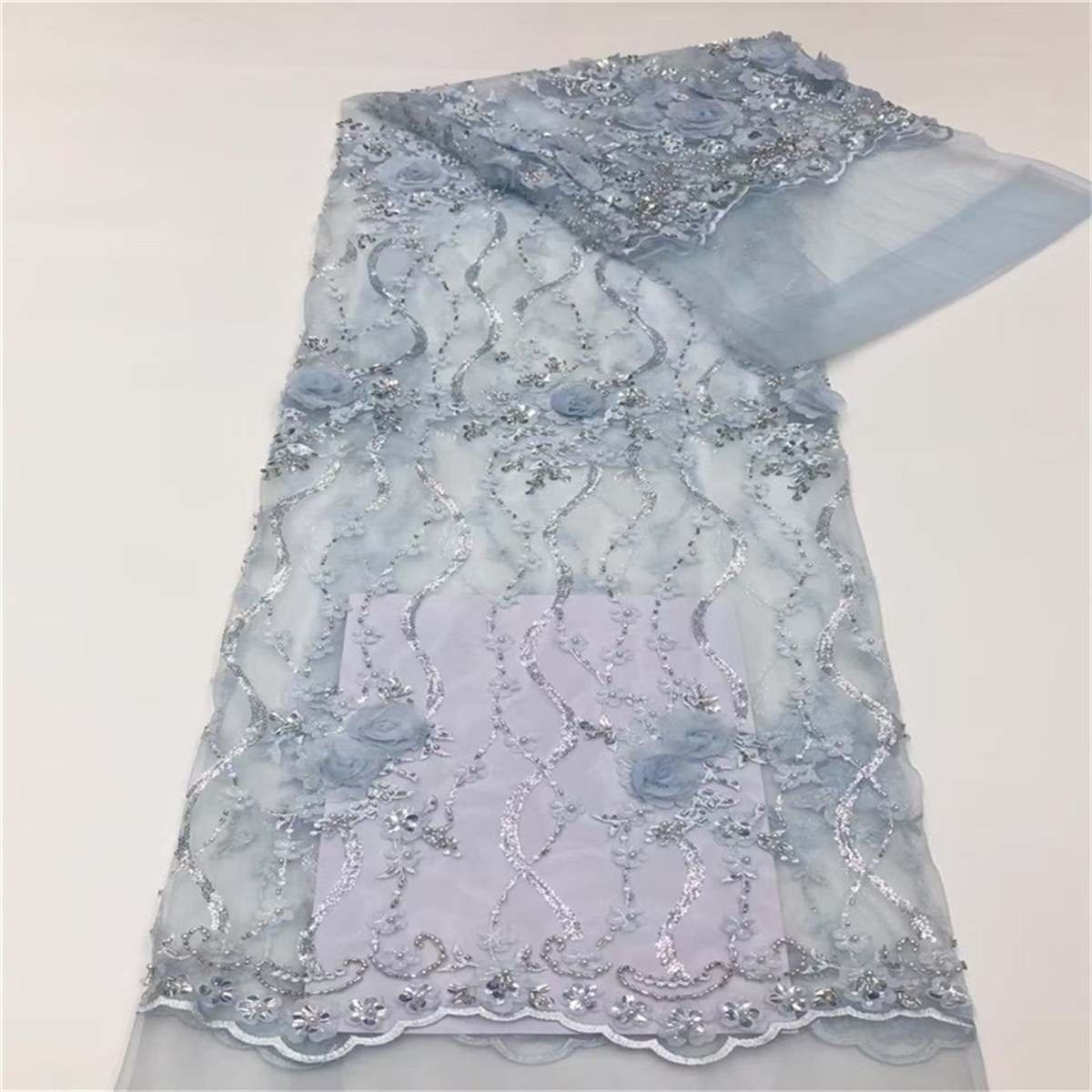 5 Yards 3D Floral Beaded Mesh Fabric, Beaded Tulle Lace Fabric, Embellished with Beads, Sequins, 3D Flowers, Petals