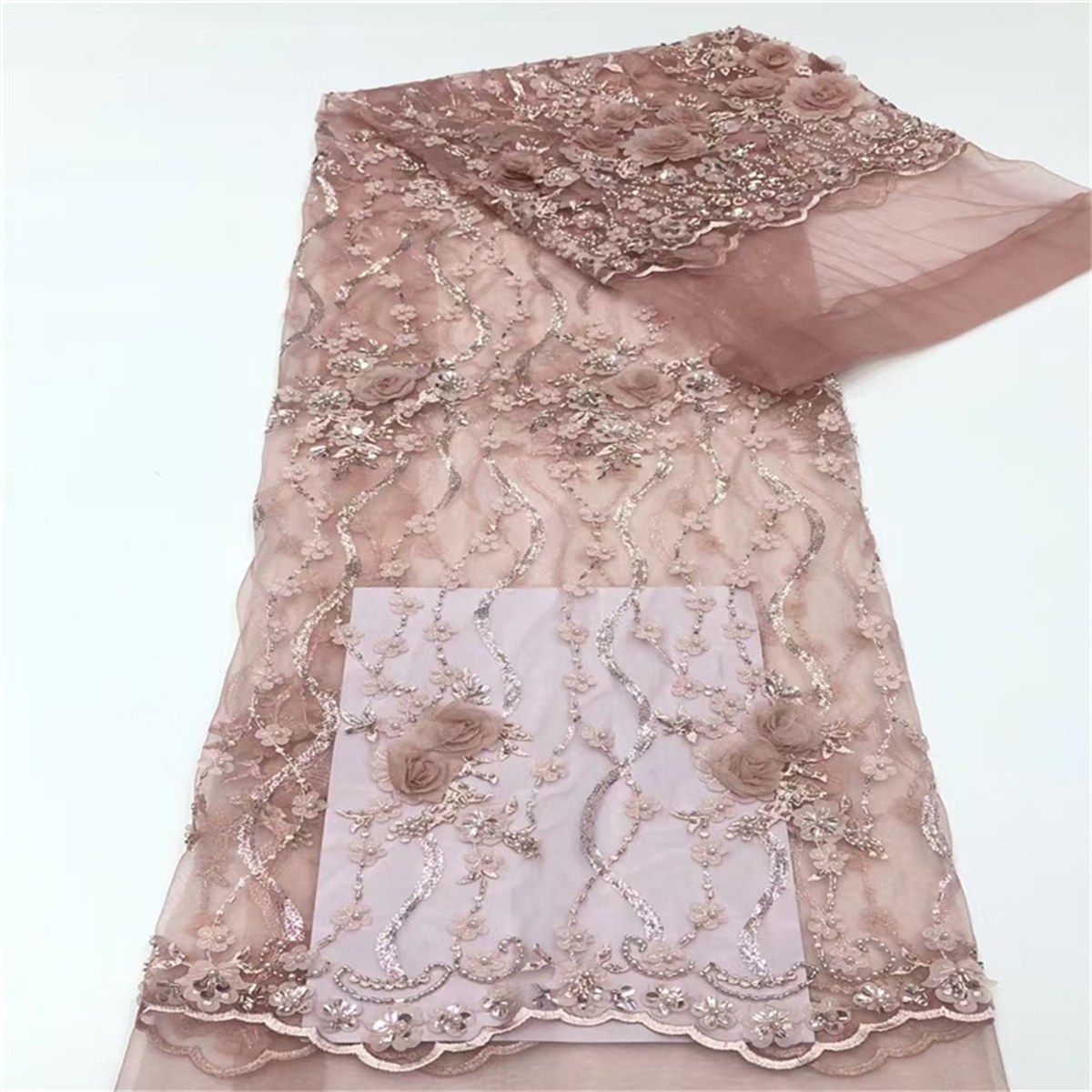 5 Yards 3D Floral Beaded Mesh Fabric, Beaded Tulle Lace Fabric, Embellished with Beads, Sequins, 3D Flowers, Petals