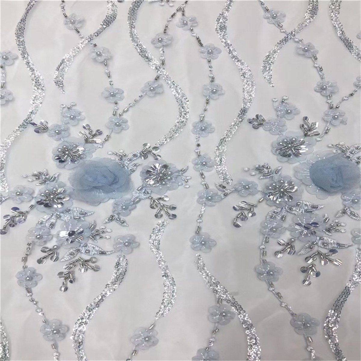 5 Yards 3D Floral Beaded Mesh Fabric, Beaded Tulle Lace Fabric, Embellished with Beads, Sequins, 3D Flowers, Petals