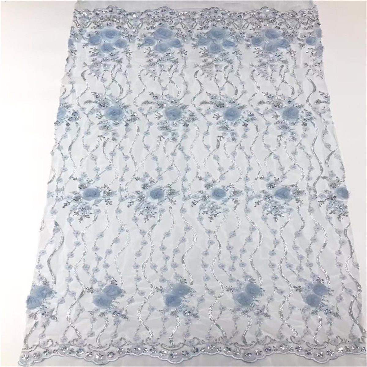 5 Yards 3D Floral Beaded Mesh Fabric, Beaded Tulle Lace Fabric, Embellished with Beads, Sequins, 3D Flowers, Petals