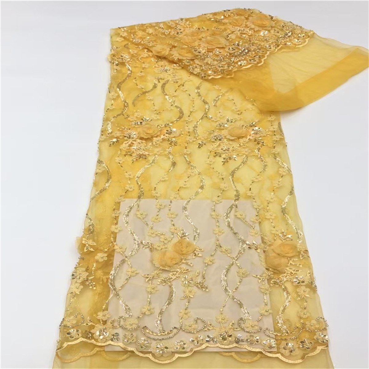 5 Yards 3D Floral Beaded Mesh Fabric, Beaded Tulle Lace Fabric, Embellished with Beads, Sequins, 3D Flowers, Petals
