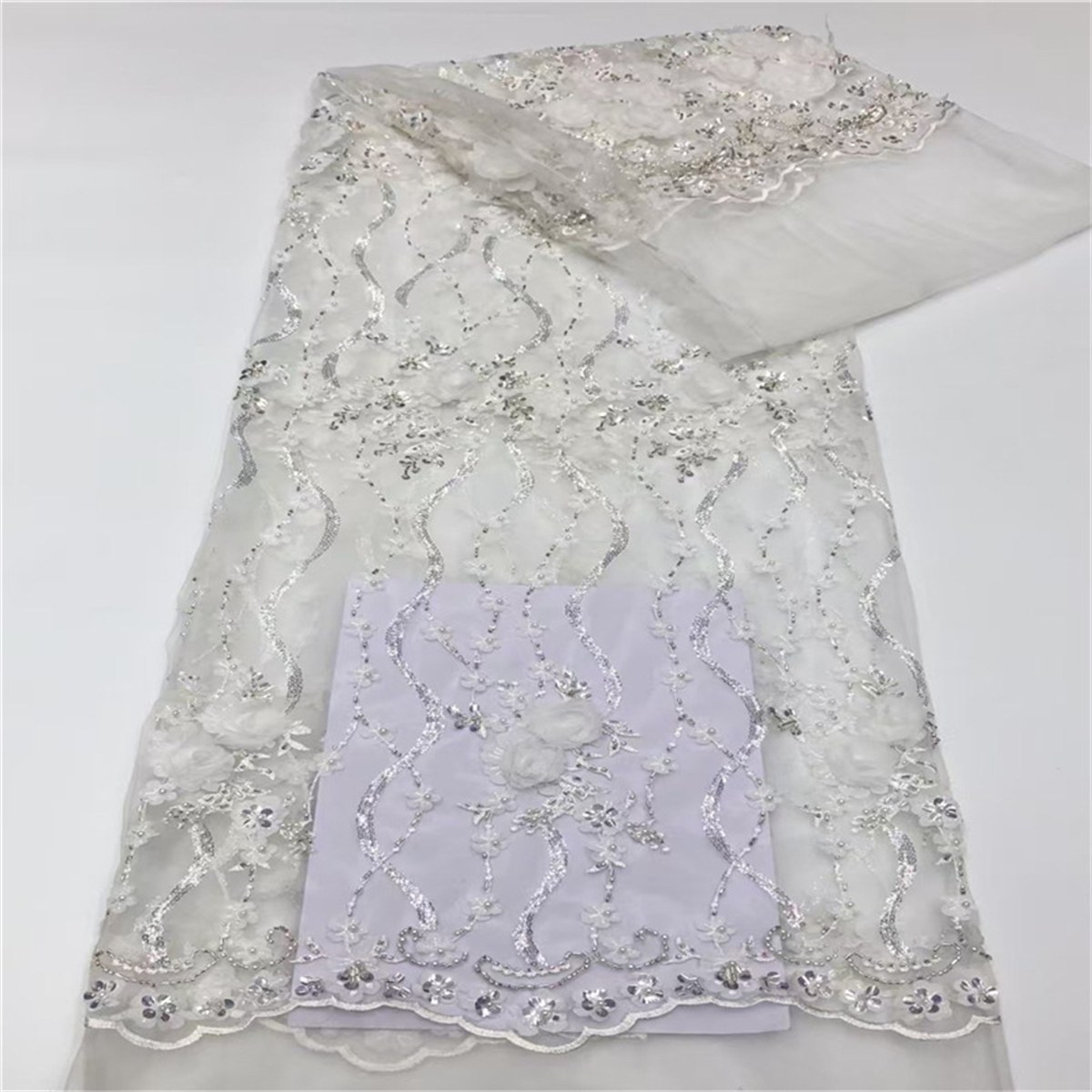 5 Yards 3D Floral Beaded Mesh Fabric, Beaded Tulle Lace Fabric, Embellished with Beads, Sequins, 3D Flowers, Petals
