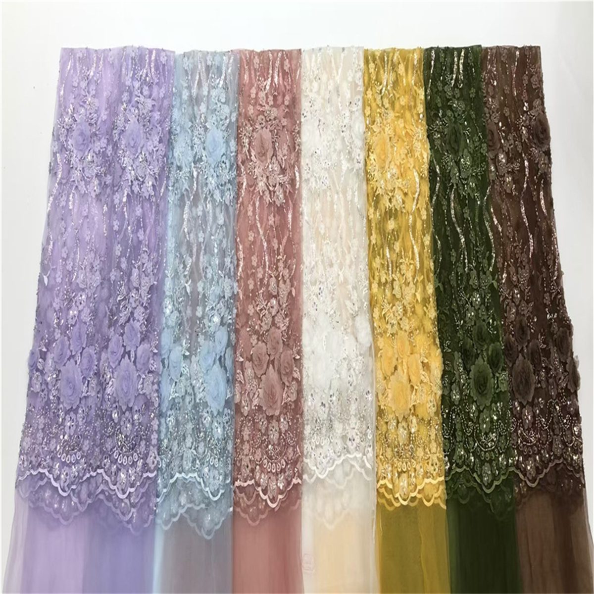 5 Yards 3D Floral Beaded Mesh Fabric, Beaded Tulle Lace Fabric, Embellished with Beads, Sequins, 3D Flowers, Petals