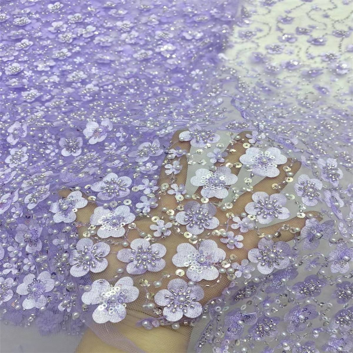 Embellished Beaded 3D Floral Tulle Lace Fabric with Beads | GTIN ZT073