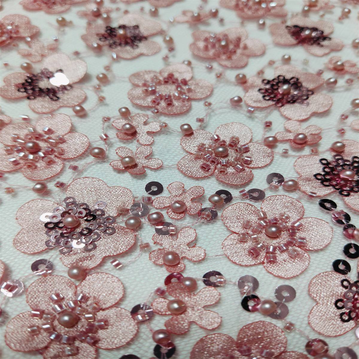 Embellished Beaded 3D Floral Tulle Lace Fabric with Beads | GTIN ZT073
