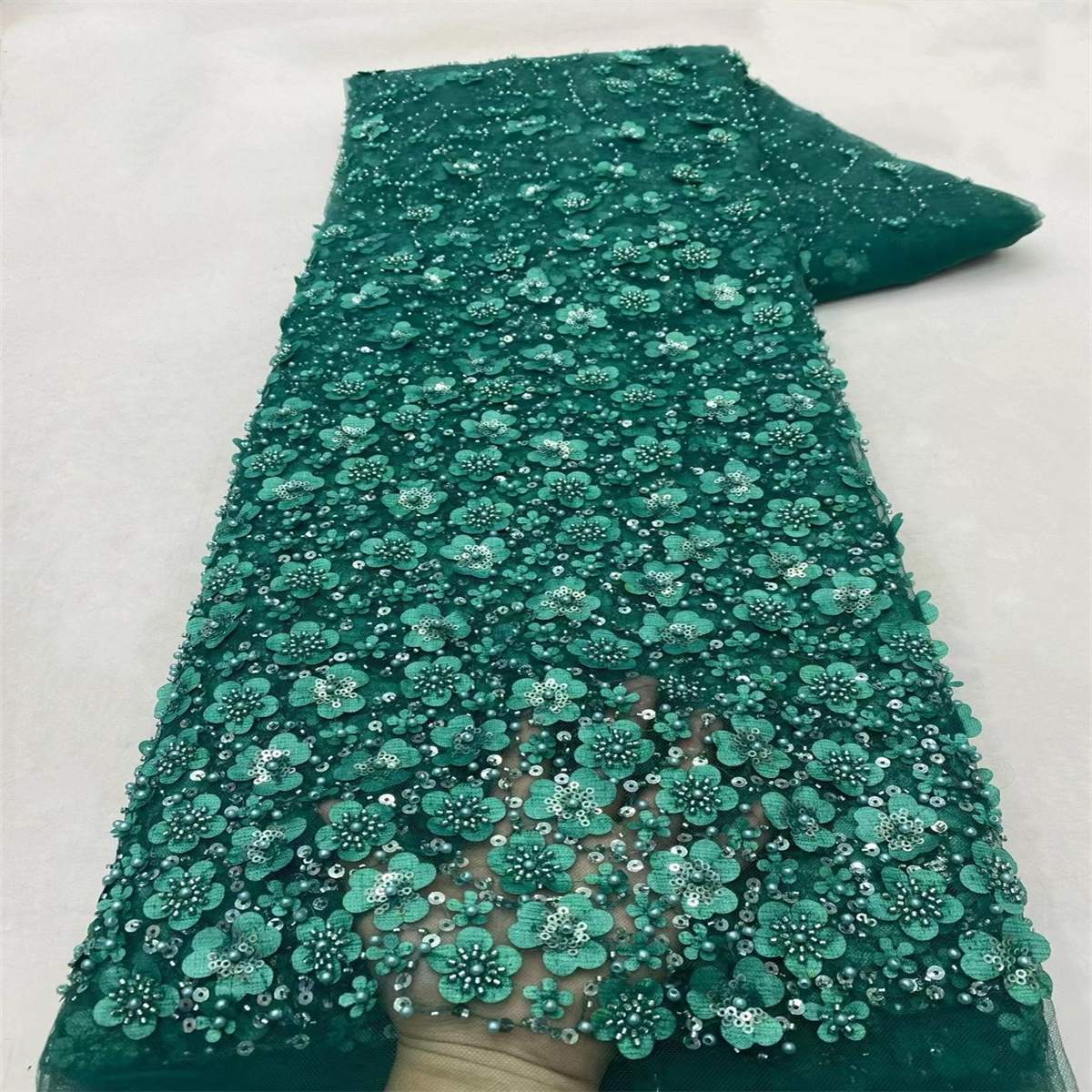 Embellished Beaded 3D Floral Tulle Lace Fabric with Beads | GTIN ZT073