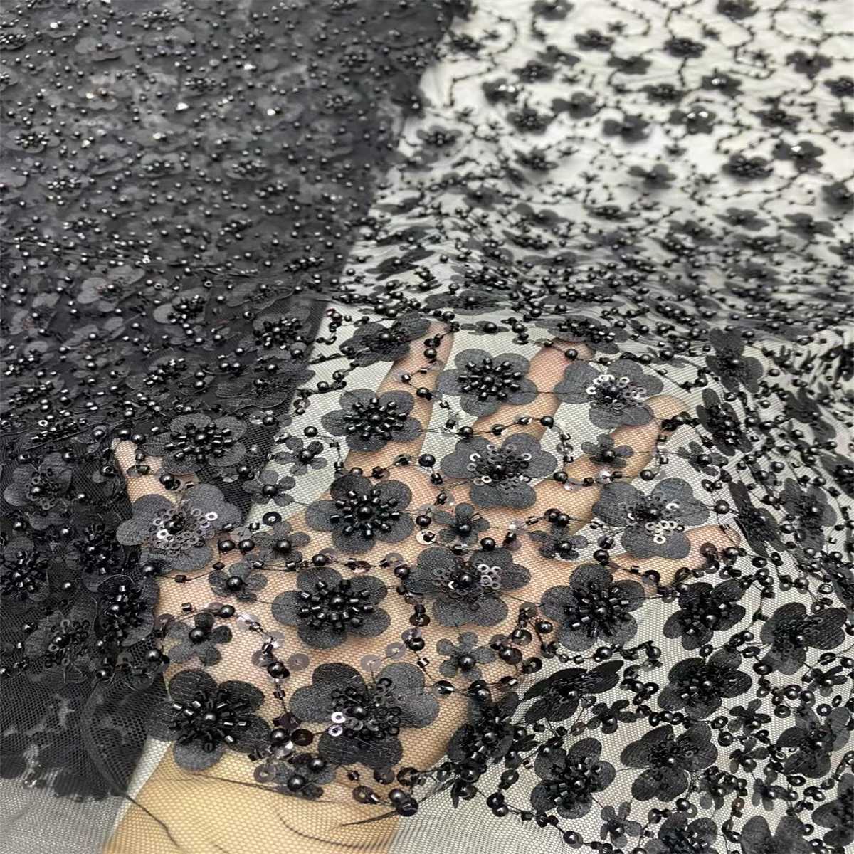 Embellished Beaded 3D Floral Tulle Lace Fabric with Beads | GTIN ZT073