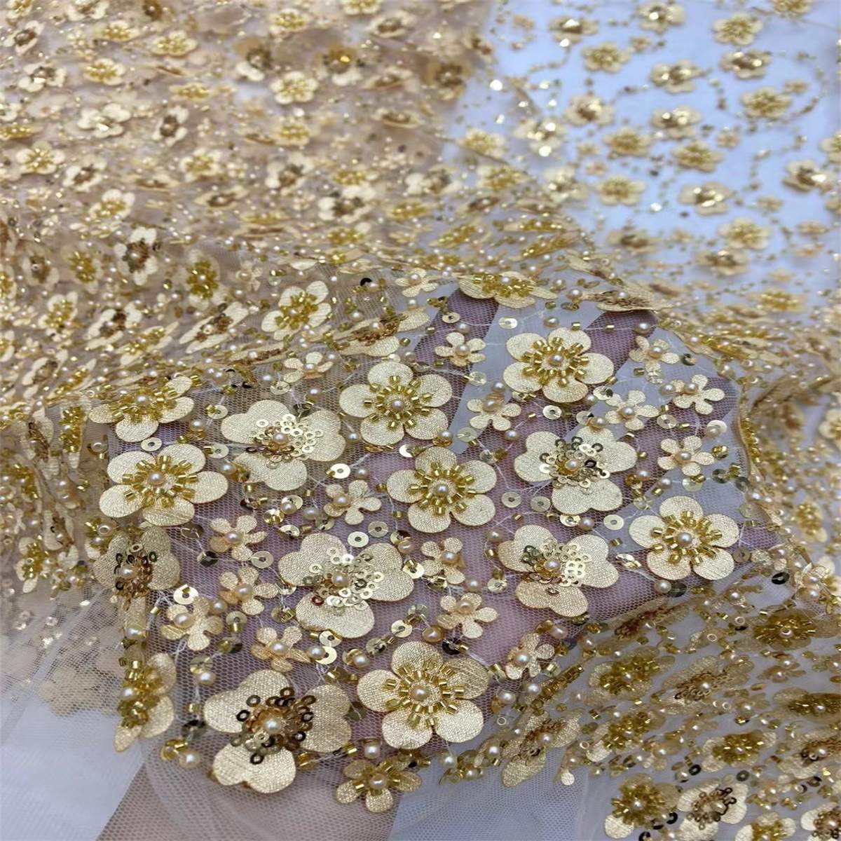 Embellished Beaded 3D Floral Tulle Lace Fabric with Beads | GTIN ZT073
