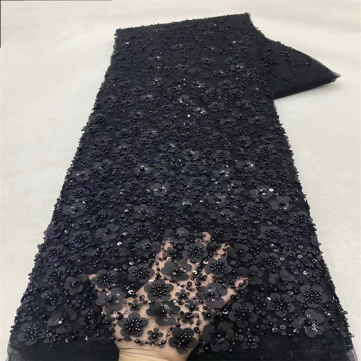 Embellished Beaded 3D Floral Tulle Lace Fabric with Beads | GTIN ZT073