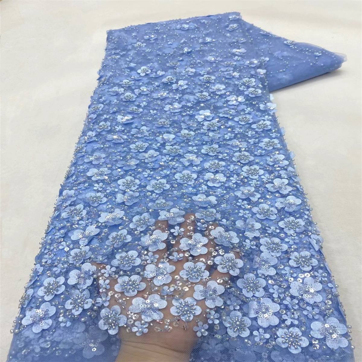 Embellished Beaded 3D Floral Tulle Lace Fabric with Beads | GTIN ZT073