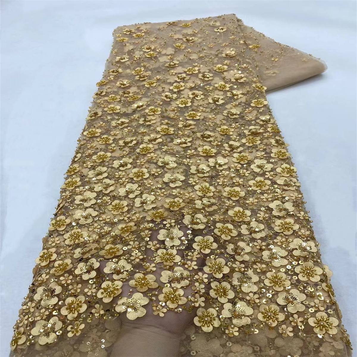 Embellished Beaded 3D Floral Tulle Lace Fabric with Beads | GTIN ZT073