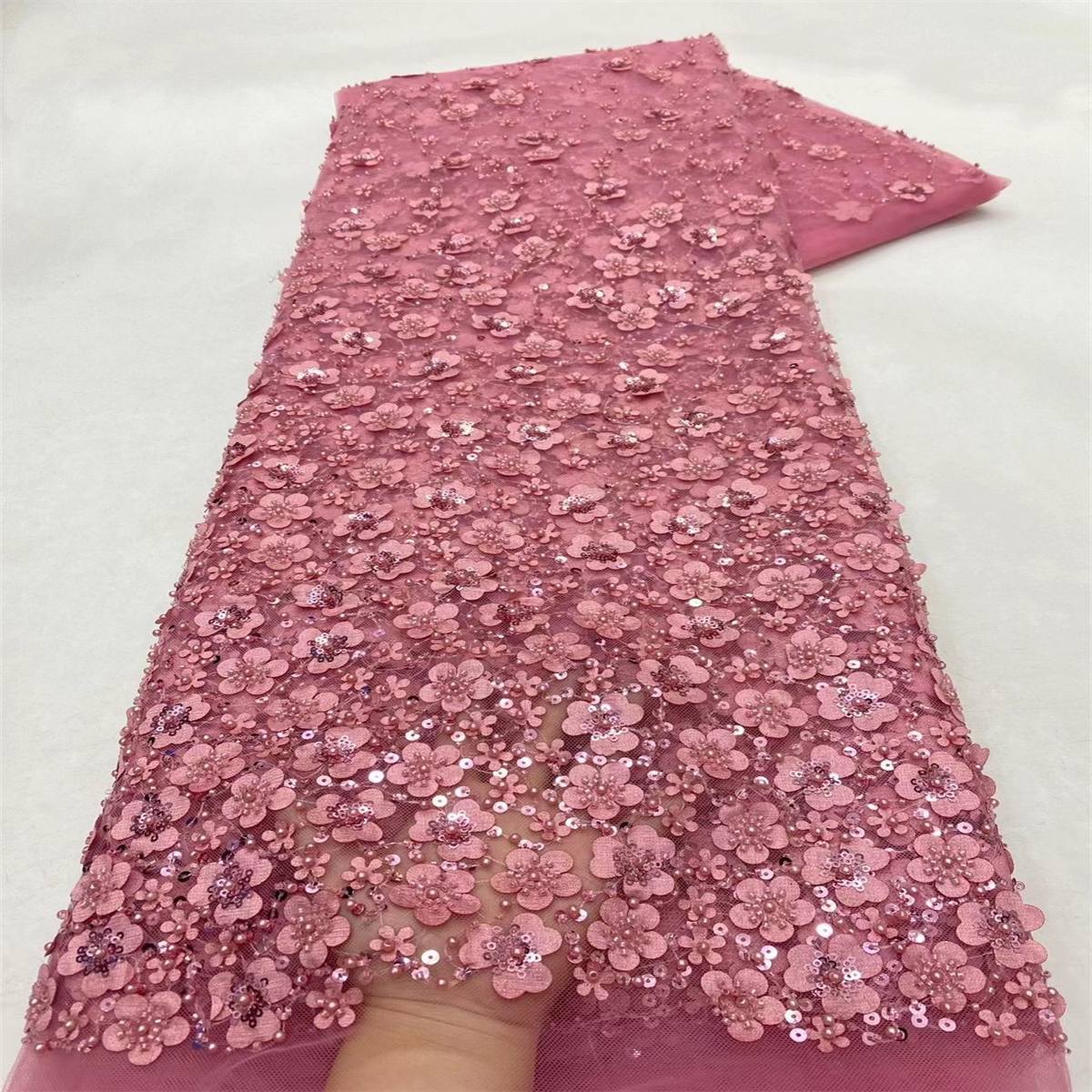 Embellished Beaded 3D Floral Tulle Lace Fabric with Beads | GTIN ZT073