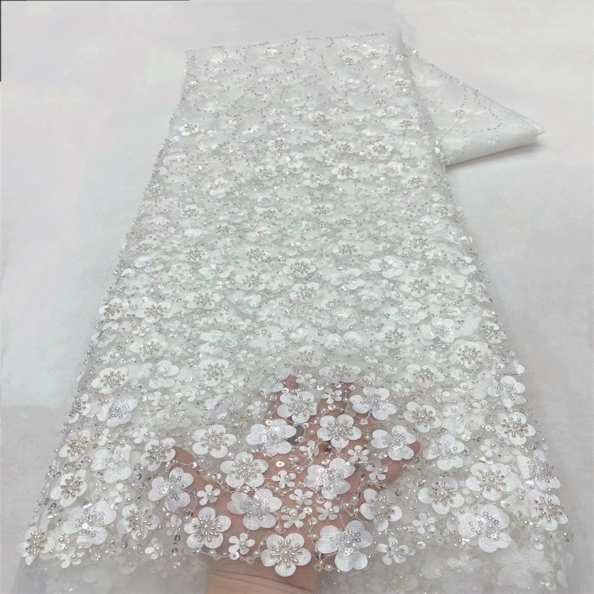 Embellished Beaded 3D Floral Tulle Lace Fabric with Beads | GTIN ZT073