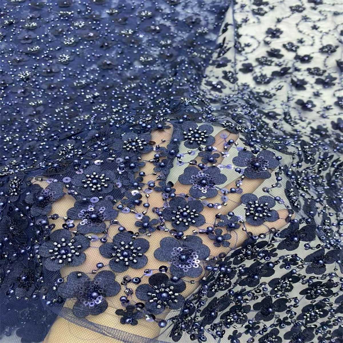 5 Yards Pearls Beaded 3D Floral Lace Material Fabric For Dresses