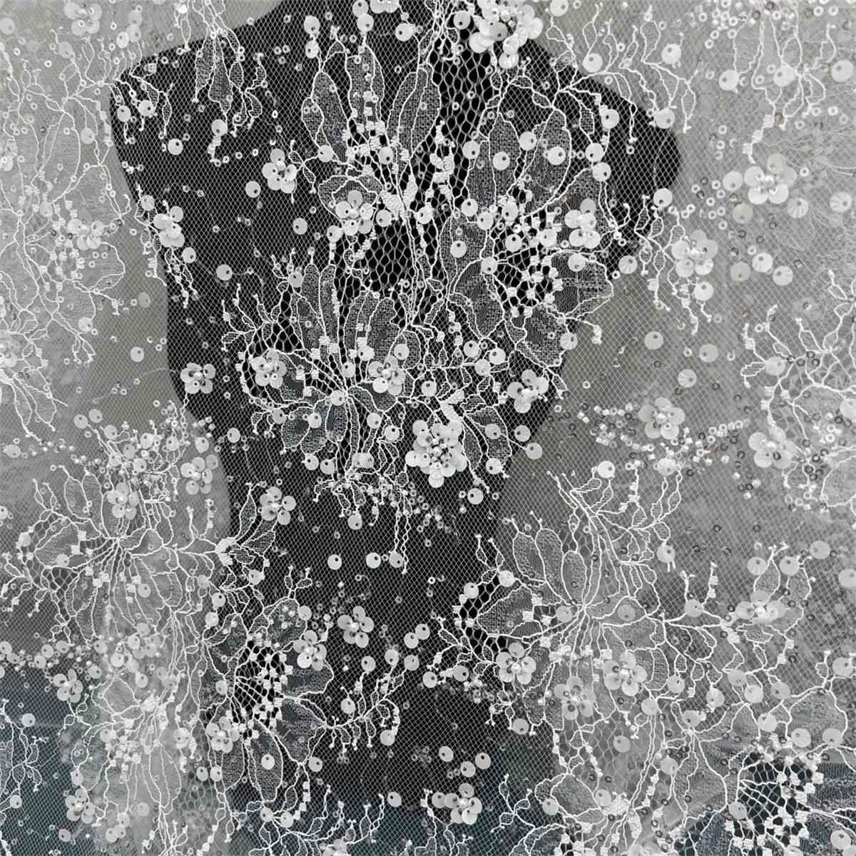 3 Meters Bridal Lace Fabric, Wedding Lace Fabric, Corded Beaded Chantilly Lace Fabric, Embellished with Beads, Sequins, Ref. HN318
