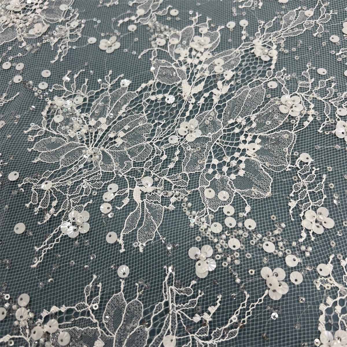 3 Meters Bridal Lace Fabric, Wedding Lace Fabric, Corded Beaded Chantilly Lace Fabric, Embellished with Beads, Sequins, Ref. HN318