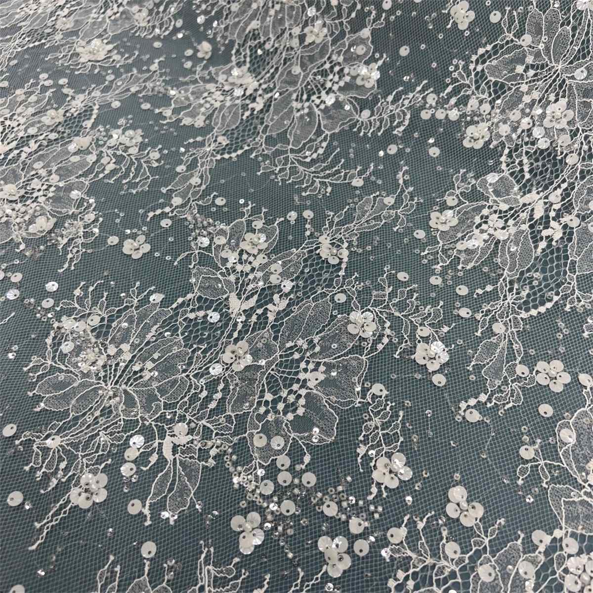 3 Meters Bridal Lace Fabric, Wedding Lace Fabric, Corded Beaded Chantilly Lace Fabric, Embellished with Beads, Sequins, Ref. HN318