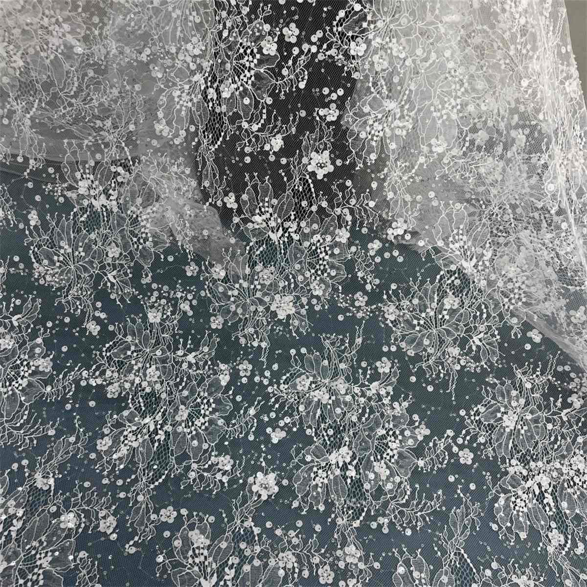 3 Meters Bridal Lace Fabric, Wedding Lace Fabric, Corded Beaded Chantilly Lace Fabric, Embellished with Beads, Sequins, Ref. HN318