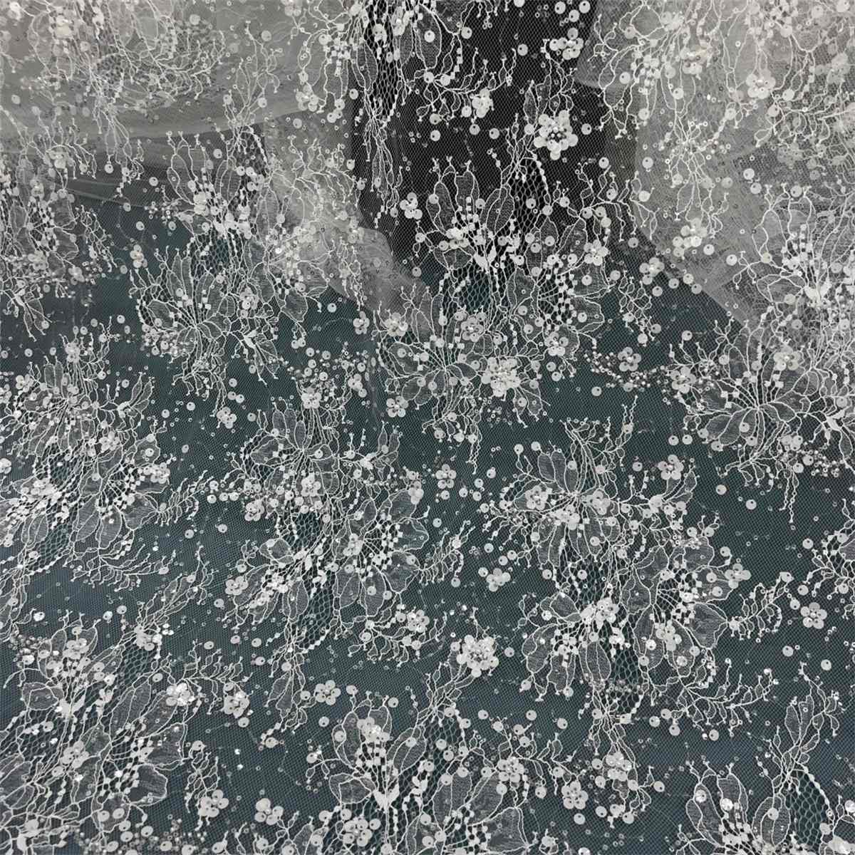 3 Meters Bridal Lace Fabric, Wedding Lace Fabric, Corded Beaded Chantilly Lace Fabric, Embellished with Beads, Sequins, Ref. HN318