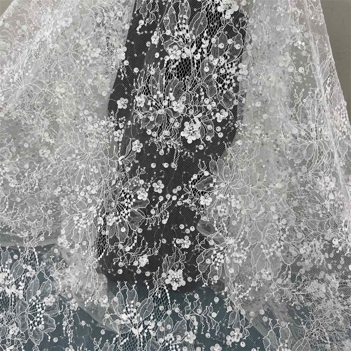 3 Meters Bridal Lace Fabric, Wedding Lace Fabric, Corded Beaded Chantilly Lace Fabric, Embellished with Beads, Sequins, Ref. HN318