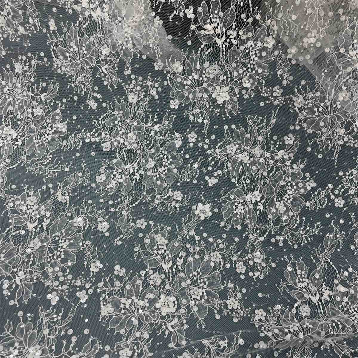 3 Meters Bridal Lace Fabric, Wedding Lace Fabric, Corded Beaded Chantilly Lace Fabric, Embellished with Beads, Sequins, Ref. HN318