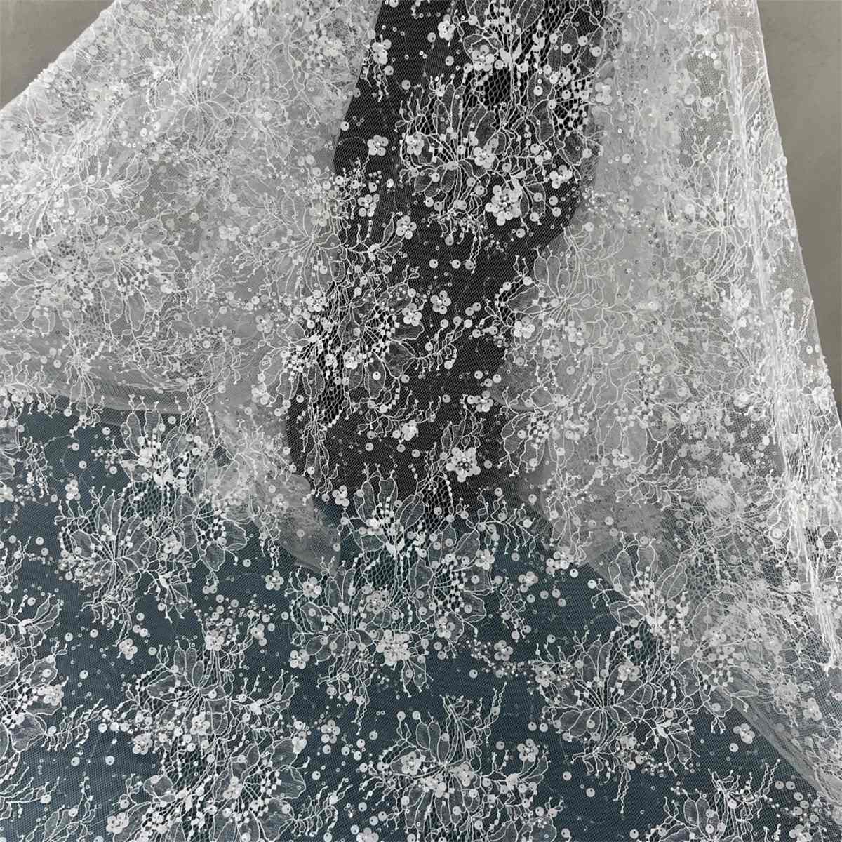 3 Meters Bridal Lace Fabric, Wedding Lace Fabric, Corded Beaded Chantilly Lace Fabric, Embellished with Beads, Sequins, Ref. HN318