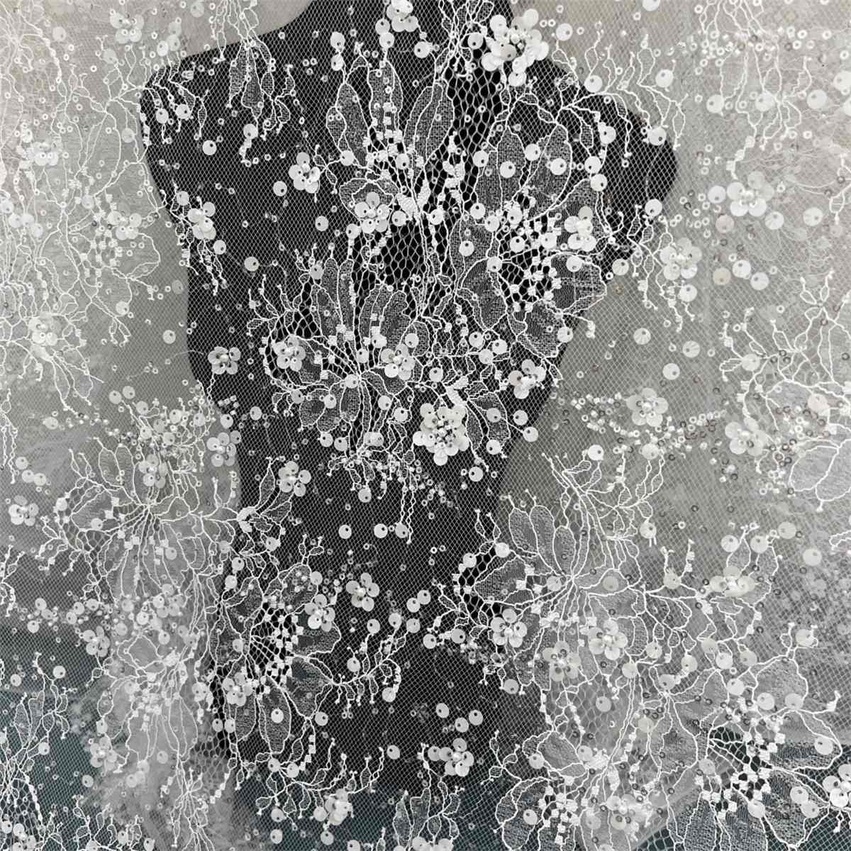 3 Meters Bridal Lace Fabric, Wedding Lace Fabric, Corded Beaded Chantilly Lace Fabric, Embellished with Beads, Sequins, Ref. HN318