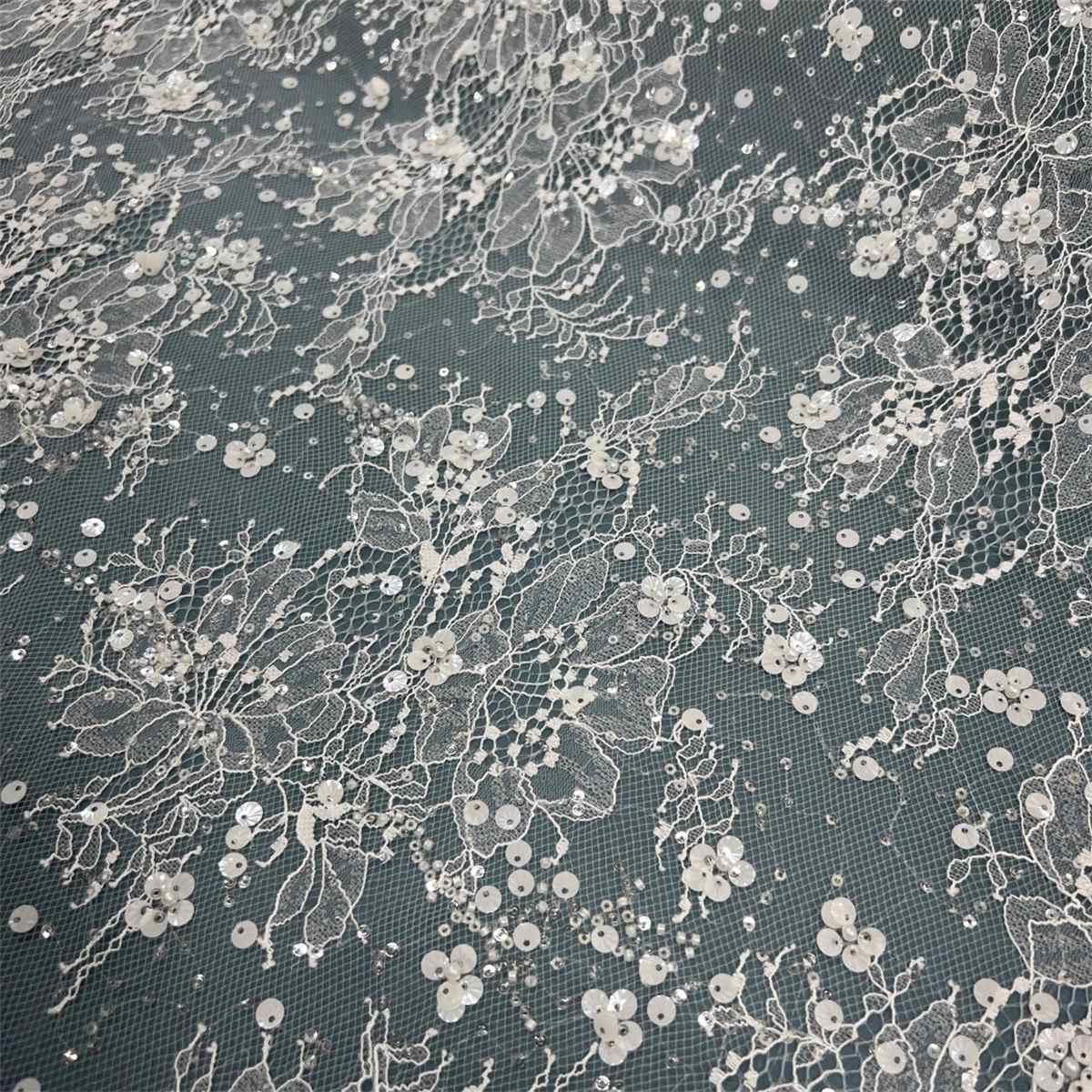 3 Meters Bridal Lace Fabric, Wedding Lace Fabric, Corded Beaded Chantilly Lace Fabric, Embellished with Beads, Sequins, Ref. HN318