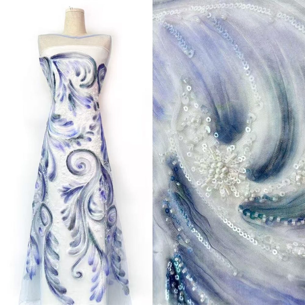 Embellished Beaded Tulle Lace Fabric with Beads | GTIN HN366