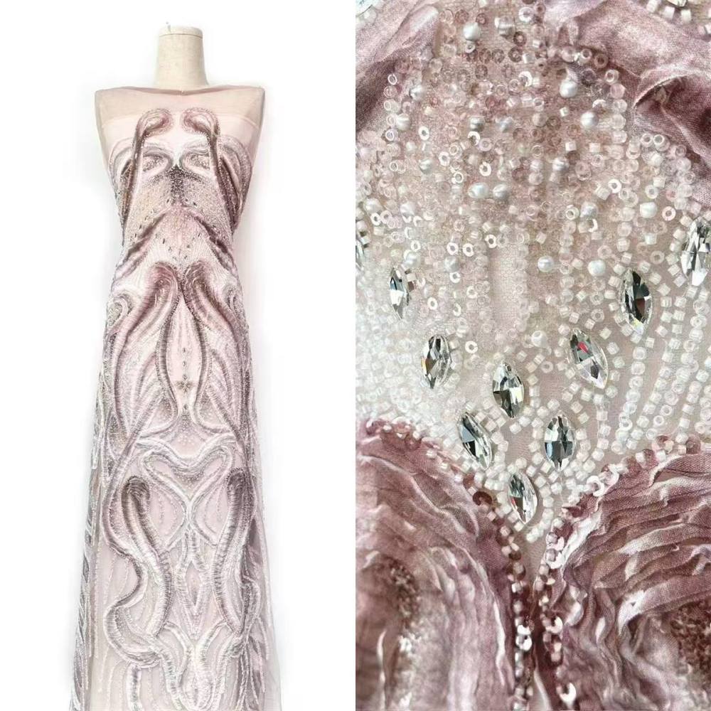 Embellished Beaded 3D Floral Tulle Lace Fabric with Beads | GTIN HN367