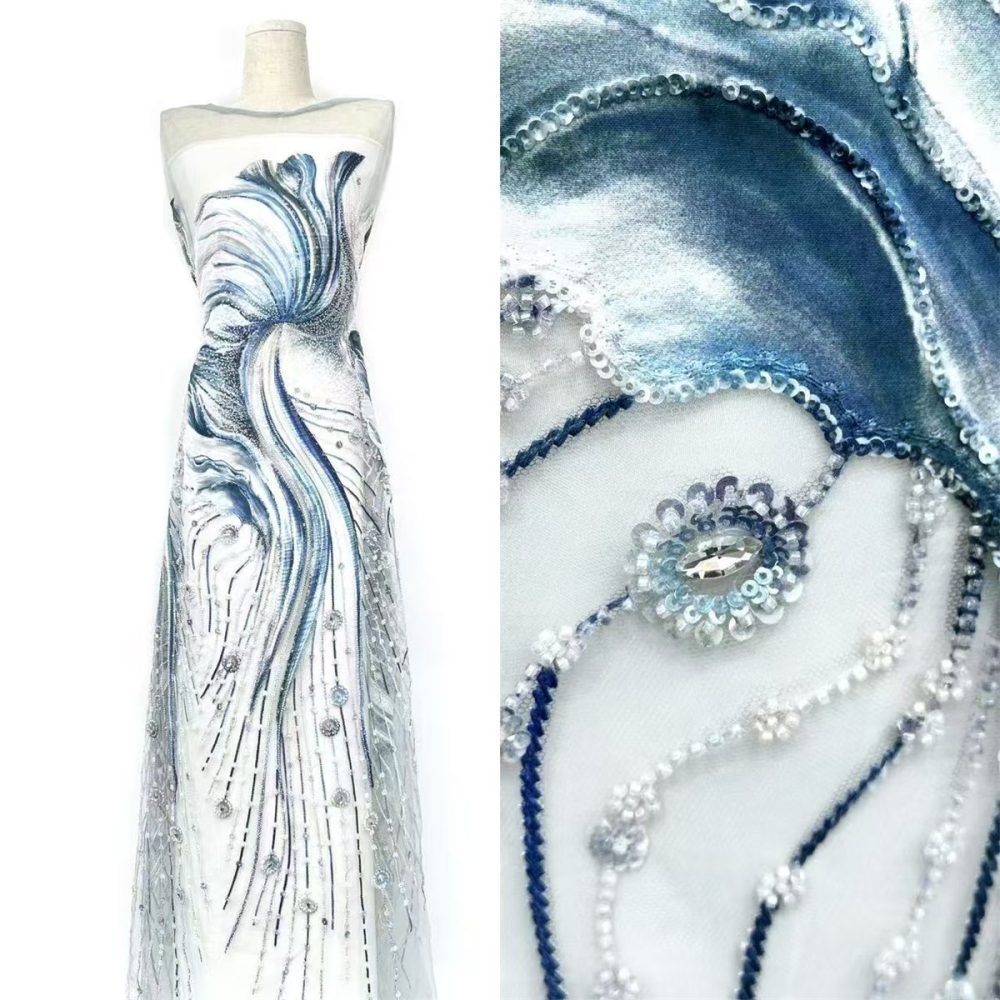 Embellished Beaded Tulle Lace Fabric with Beads | GTIN HN370