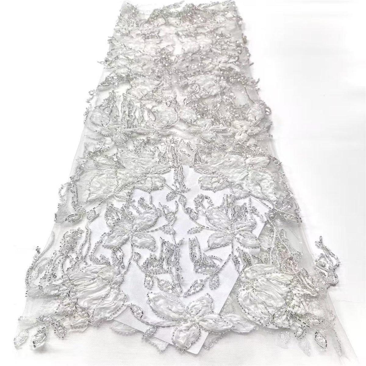 Embellished Beaded 3D Floral Tassel Fringe Tulle Lace Fabric with Beads | GTIN HN378