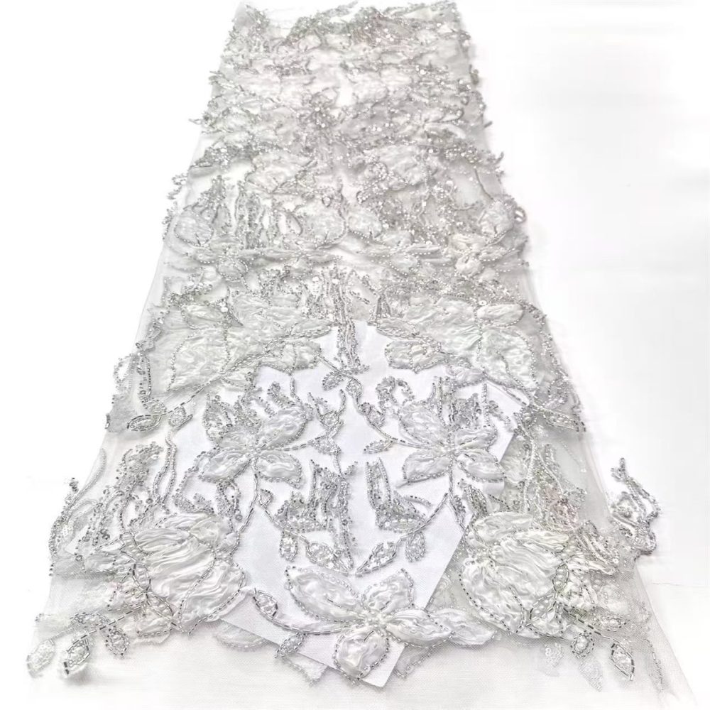 Embellished Beaded 3D Floral Tassel Fringe Tulle Lace Fabric with Beads | GTIN HN378