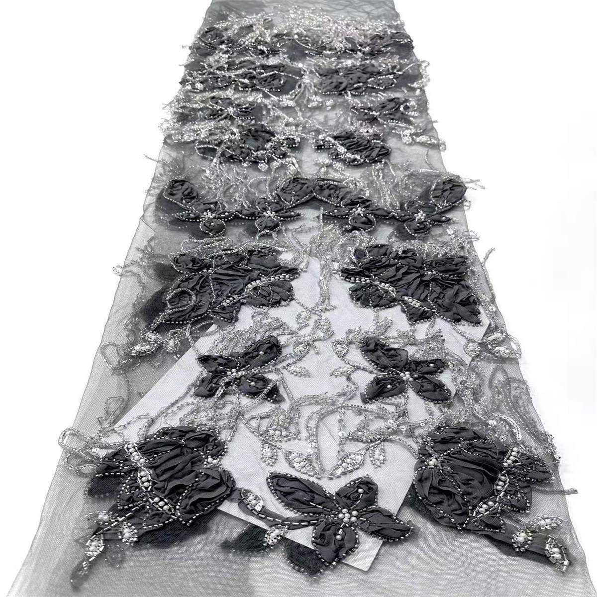 Embellished Beaded 3D Floral Tassel Fringe Tulle Lace Fabric with Beads | GTIN HN378