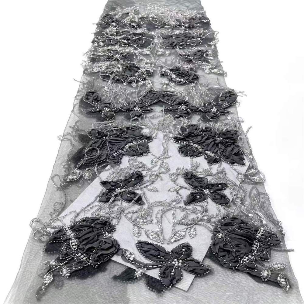 Embellished Beaded 3D Floral Tassel Fringe Tulle Lace Fabric with Beads | GTIN HN378