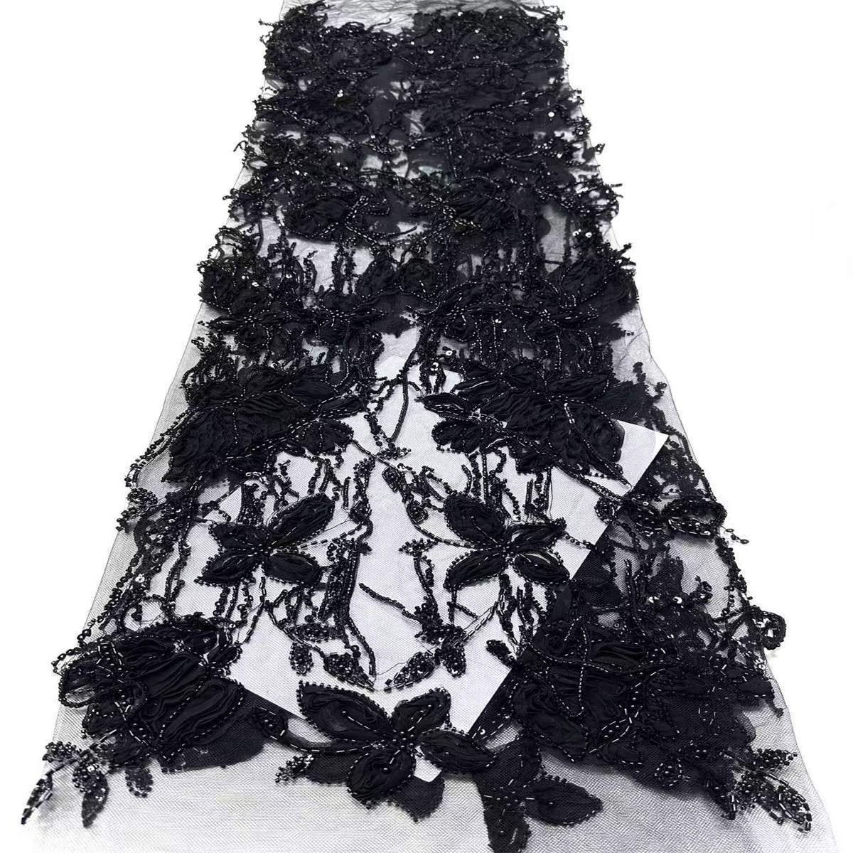 Embellished Beaded 3D Floral Tassel Fringe Tulle Lace Fabric with Beads | GTIN HN378