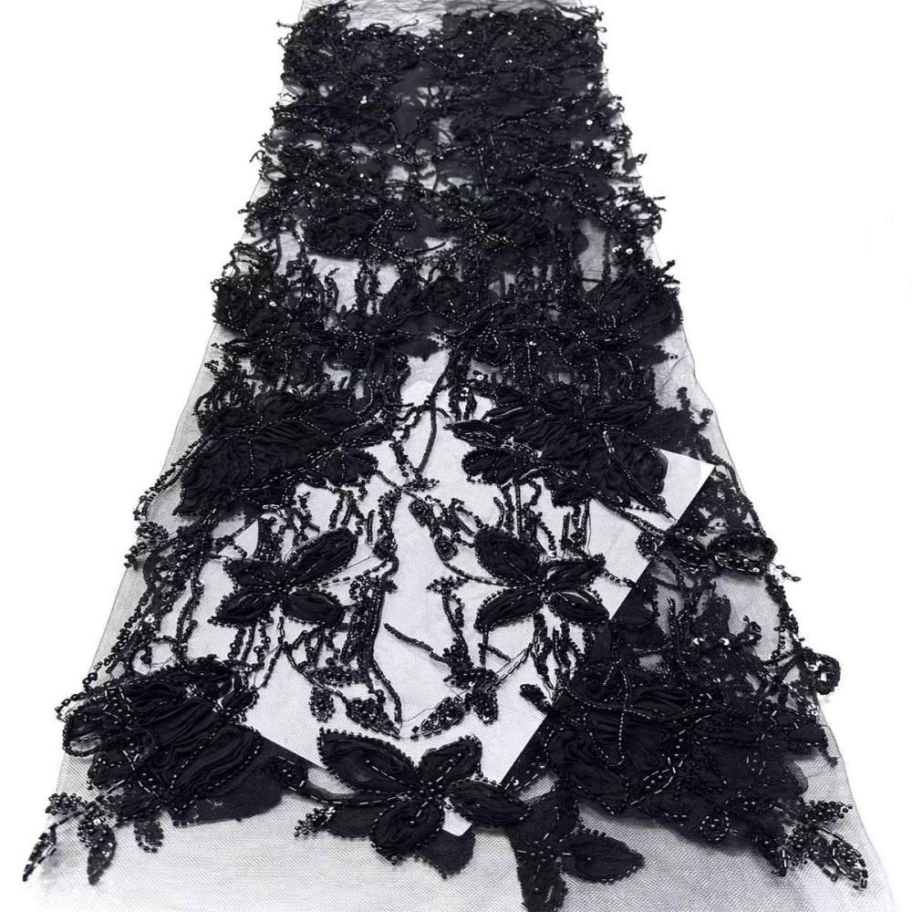 Embellished Beaded 3D Floral Tassel Fringe Tulle Lace Fabric with Beads | GTIN HN378