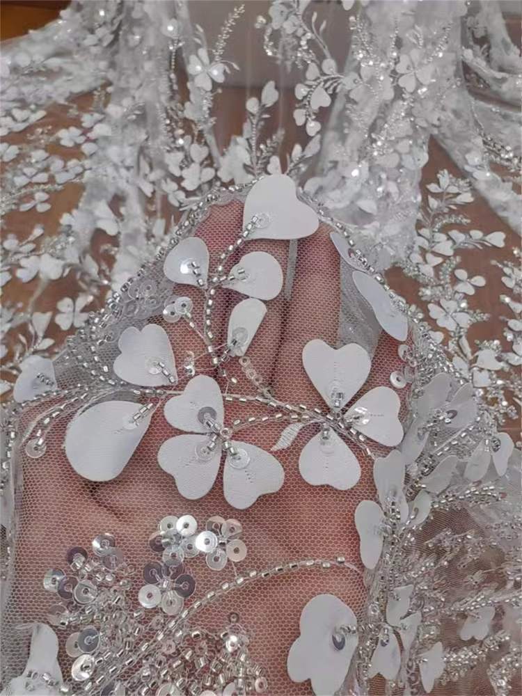 Beaded Bridal Lace Fabric - 3D Floral Wedding Lace Fabric | GTIN RX019