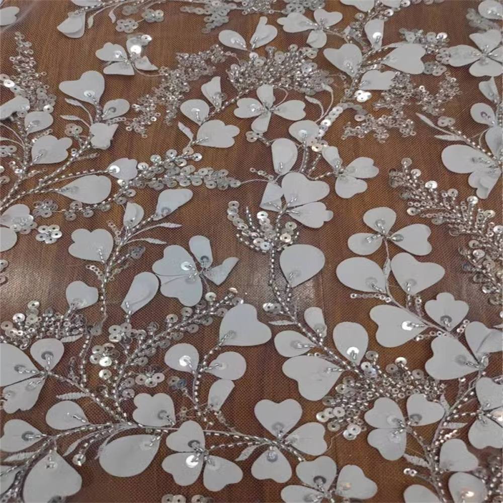 Beaded Bridal Lace Fabric - 3D Floral Wedding Lace Fabric | GTIN RX019